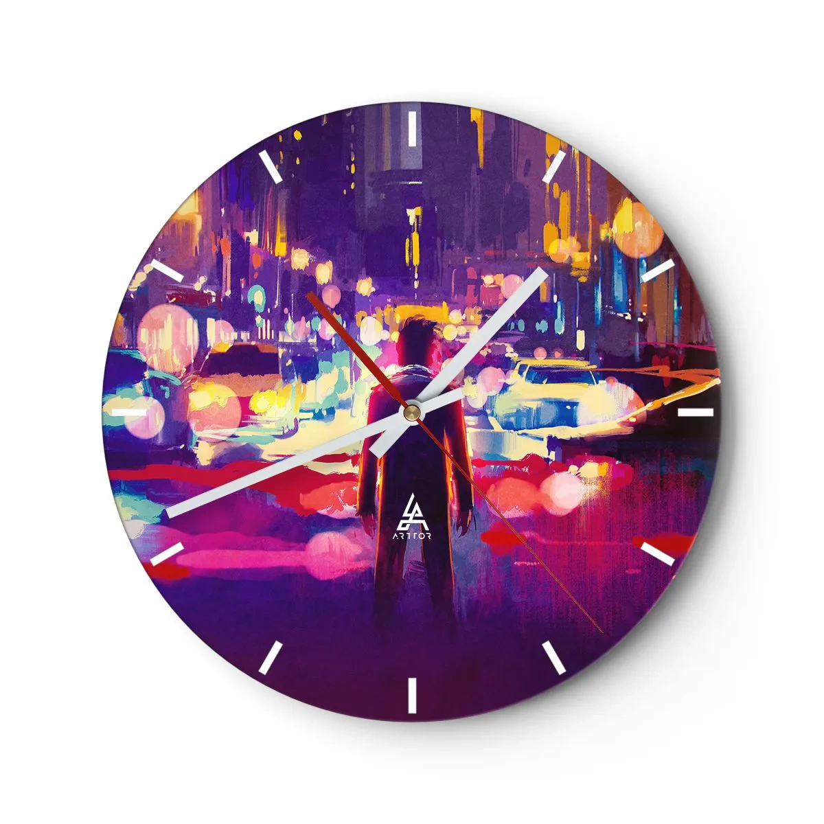 Zegar ścienny - Postać na tle kolorowego miasta nocą - 30x30cm - Zanurzony w świetle - Nowoczesna dekoracja ścienna do salonu, kuchni i sypialni ARTTOR