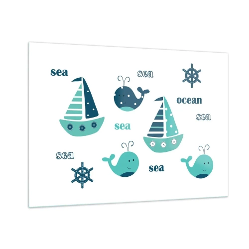 Obraz na szkle - Morski motyw z żaglówkami i wielorybami - 100x70cm - Przez morza i oceany - Nowoczesna dekoracja ścienna do salonu, kuchni i sypialni ARTTOR