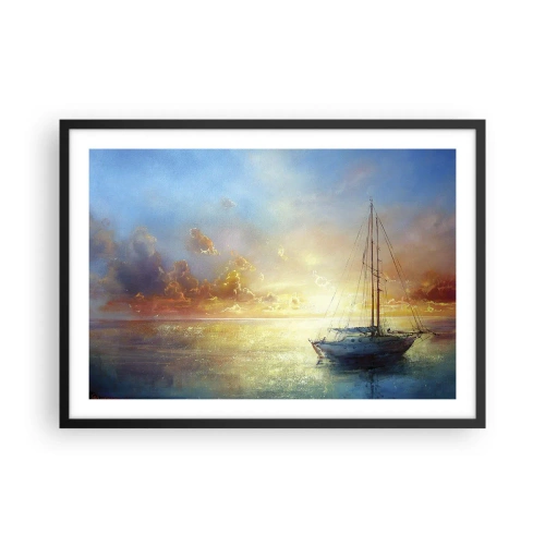 Plakat w czarnej ramie - Jacht na spokojnym morzu o zachodzie słońca - 70x50cm - W złotej zatoce - Nowoczesna dekoracja ścienna do salonu i sypialni ARTTOR
