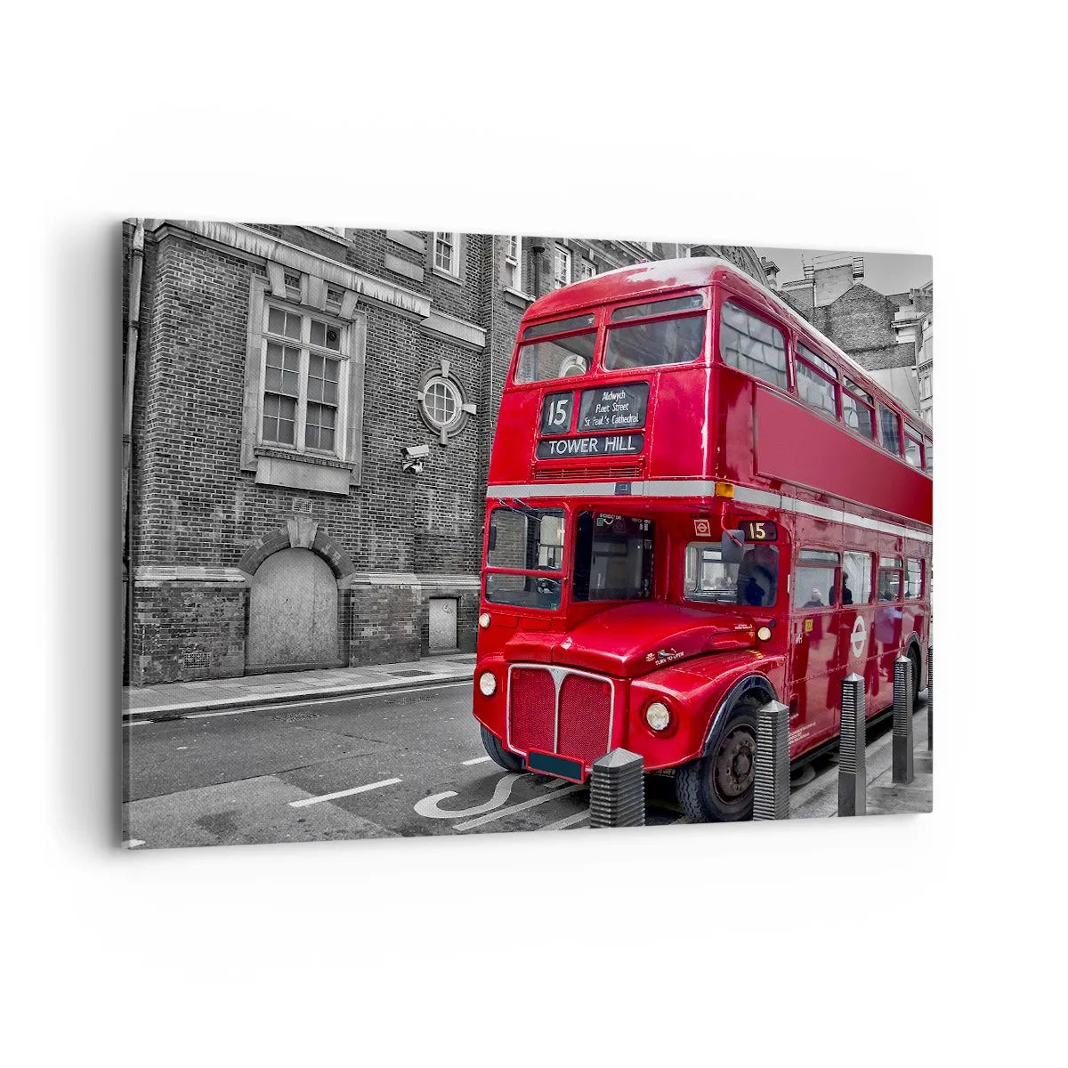 Obraz na płótnie - Czerwony autobus piętrowy w Londynie na tle klasycznej architektury - 100x70cm - Zawsze taki sam - Nowoczesna dekoracja ścienna do salonu, kuchni i sypialni ARTTOR