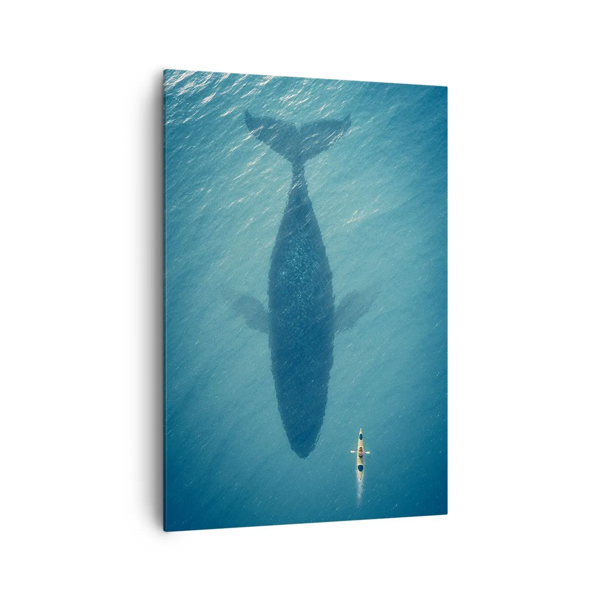Obraz na płótnie - Kajak płynący nad cieniem wieloryba w lazurowej wodzie - 70x100cm - Spotkanie na oceanie - Nowoczesna dekoracja ścienna do salonu i sypialni ARTTOR