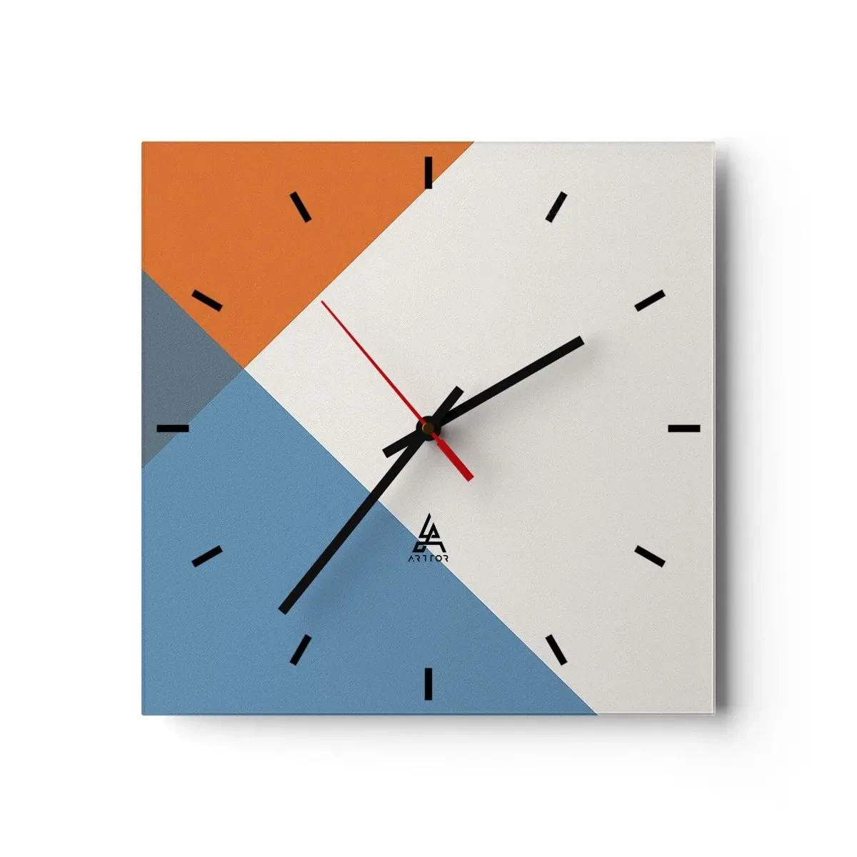 Zegar ścienny - Geometryczne trójkąty w odcieniach błękitu i pomarańczy - 30x30cm - Pod kątem… - Nowoczesna dekoracja ścienna do salonu i sypialni ARTTOR