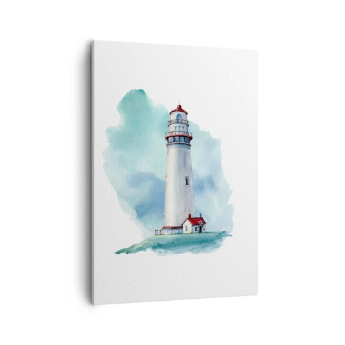 Obraz na płótnie - Akwarelowa latarnia morska na tle błękitnego nieba - 50x70cm - Łagodna siostra błękitu - Nowoczesna dekoracja ścienna do salonu, kuchni i sypialni ARTTOR
