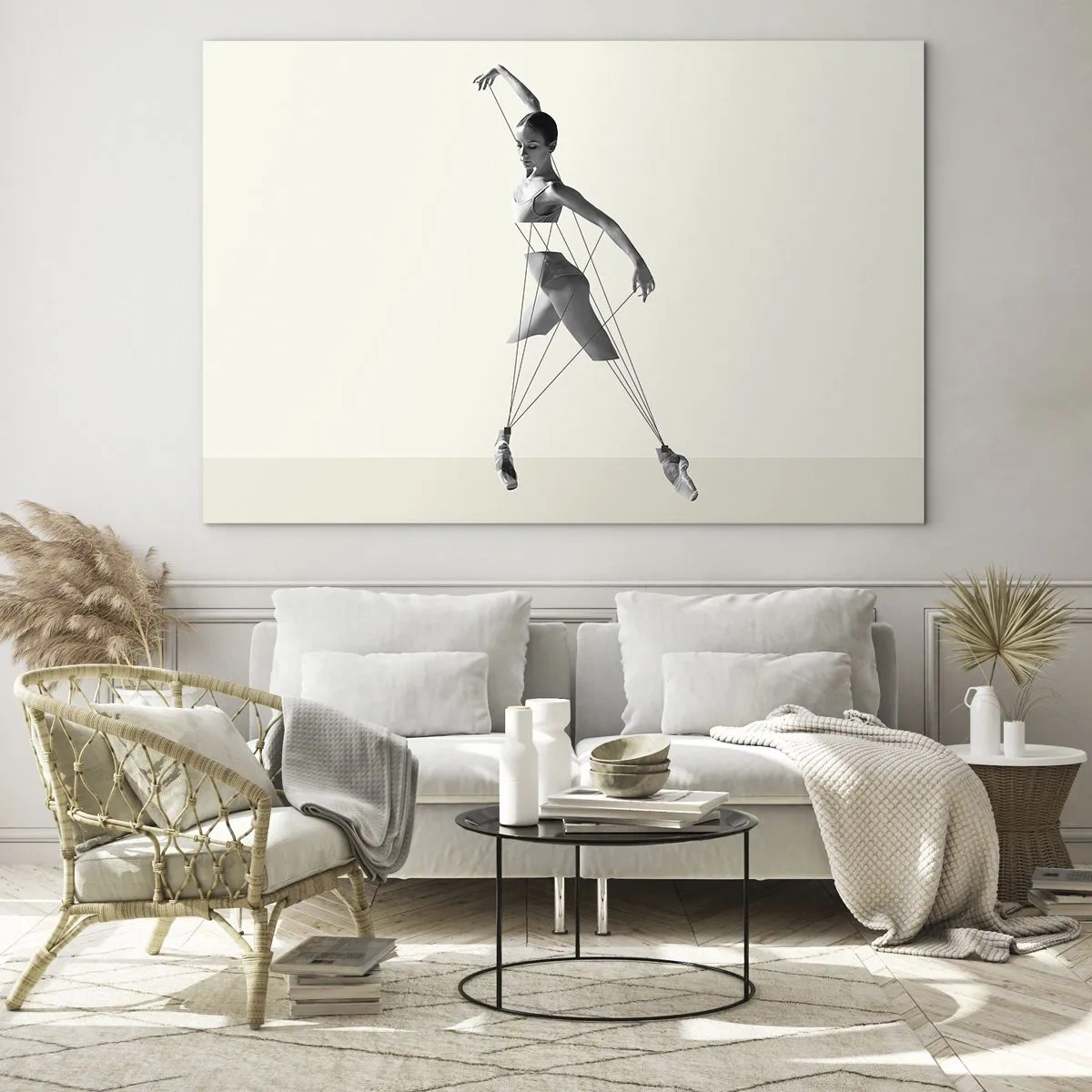 Obraz na szkle - Czarno-biała sylwetka baletnicy z geometrycznym motywem linek - 70x50cm - W teatrze świata - Nowoczesna dekoracja ścienna do salonu i sypialni ARTTOR