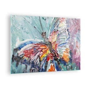 Obraz na szkle - Kolorowy motyl w abstrakcyjnym stylu na błękitnym tle - 70x50cm - Pomalowany przez naturę - Nowoczesna dekoracja ścienna do salonu i sypialni ARTTOR