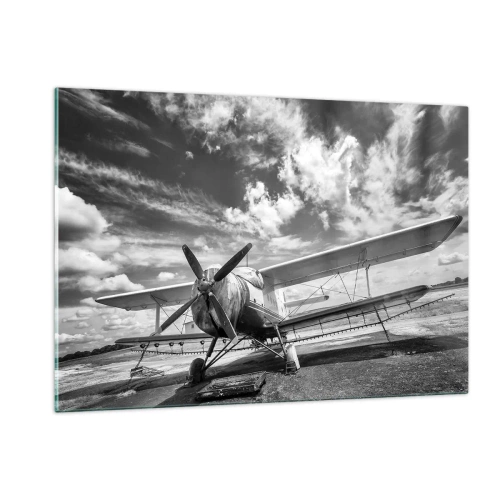 Obraz na szkle - Czarno-białe zdjęcie klasycznego samolotu dwupłatowego - 120x80cm - Nie mogę się doczekać! - Nowoczesna dekoracja ścienna do salonu, kuchni i sypialni ARTTOR
