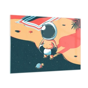 Obraz na szkle - Postać astronauty na plaży z kosmicznym krajobrazem - 100x70cm - Z innej perspektywy - Nowoczesna dekoracja ścienna do salonu, kuchni i sypialni ARTTOR