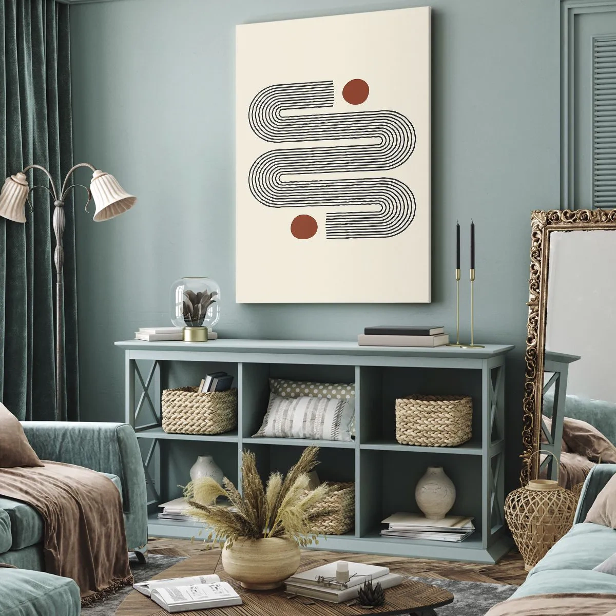 Obraz na płótnie - Geometryczny wzór z liniami i pomarańczowymi okręgami - 70x100cm - Od początku do końca - Nowoczesna dekoracja ścienna do salonu i sypialni ARTTOR