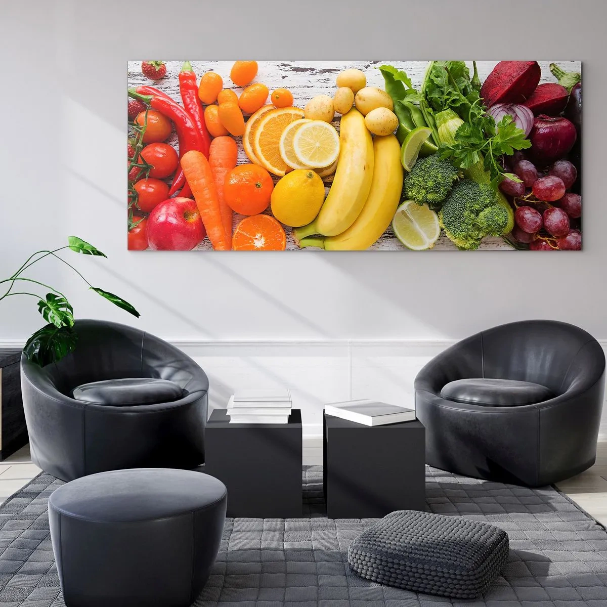 Obraz na szkle - Kolorowe owoce i warzywa na drewnianym tle - 120x50cm - To nie wystarczy? - Nowoczesna dekoracja ścienna do salonu i sypialni ARTTOR