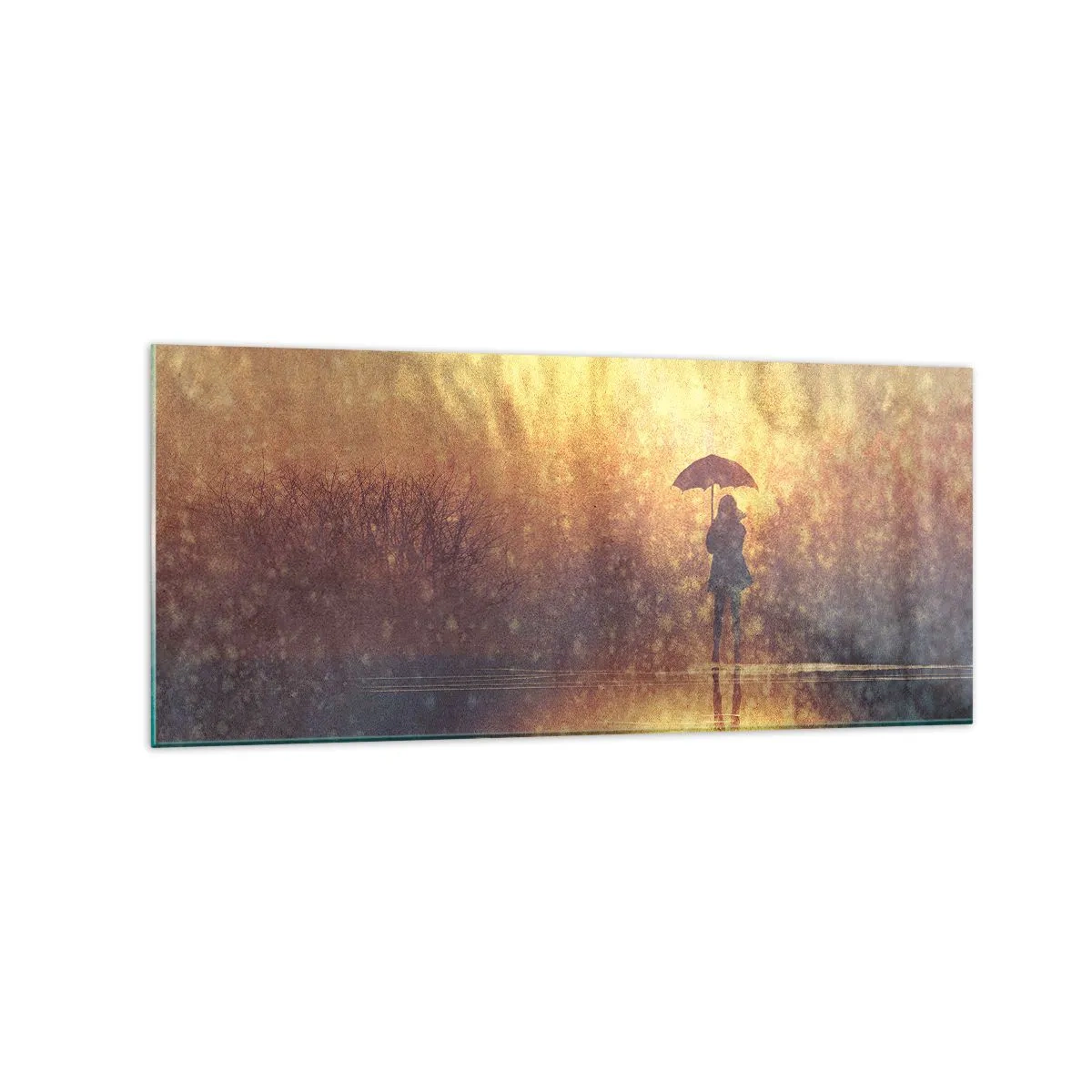Obraz na szkle - Postać z parasolem w mglistym krajobrazie pełnym refleksji - 120x50cm - Czuję, że ktoś na mnie patrzy - Nowoczesna dekoracja ścienna do salonu i sypialni ARTTOR