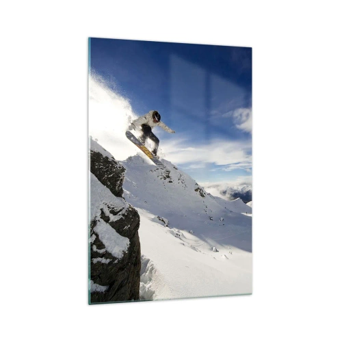 Obraz na szkle - Snowboardzista skaczący z urwiska na tle ośnieżonych gór - 70x100cm - Wolność bez granic - Nowoczesna dekoracja ścienna do salonu i sypialni ARTTOR
