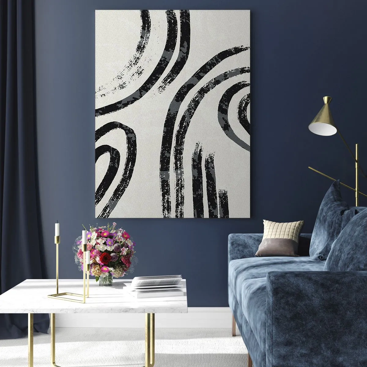 Obraz na szkle - Czarne półkoliste linie w minimalistycznej abstrakcji na jasnym tle - 50x70cm - W pół zatrzymany - Nowoczesna dekoracja ścienna do salonu, kuchni i sypialni ARTTOR