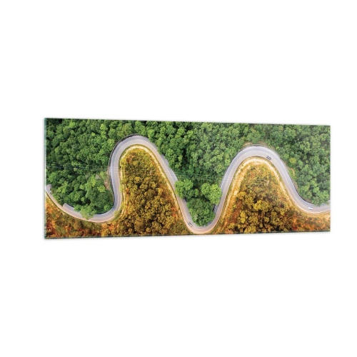 Obraz na szkle - Zakręcona droga przez las widziana z lotu ptaka - 140x50cm - Granice i przełomy - Nowoczesna dekoracja ścienna do salonu i sypialni ARTTOR