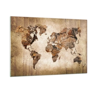 Obraz na szkle - Mapa świata w brązowych odcieniach imitująca drewno - 120x80cm - Odkrycie świata - Nowoczesna dekoracja ścienna do salonu, kuchni i sypialni ARTTOR