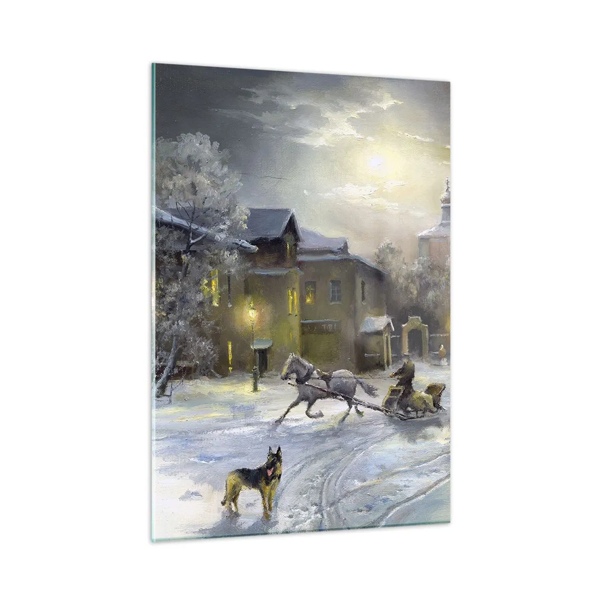 Obraz na szkle - Zimowy pejzaż miasta oświetlonego blaskiem księżyca - 50x70cm - Magia rosyjskiej zimy - Nowoczesna dekoracja ścienna do salonu, kuchni i sypialni ARTTOR