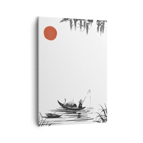 Obraz na płótnie - Minimalistyczna ilustracja rybaka na łodzi o wschodzie słońca - 50x70cm - Azjatyckie popołudnie - Nowoczesna dekoracja ścienna do salonu, kuchni i sypialni ARTTOR