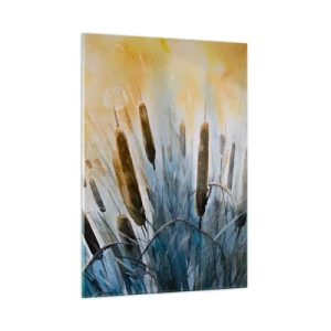 Obraz na szkle - Malowane pałki wodne na tle słonecznego nieba - 50x70cm - Chłód wody, słońca żar - Nowoczesna dekoracja ścienna do salonu, kuchni i sypialni ARTTOR