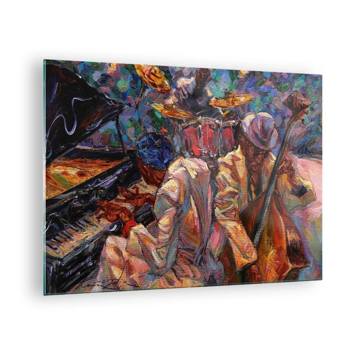 Obraz na szkle - Kolorowa scena jazzowa z muzykami i instrumentami - 70x50cm - W jednym rytmie - Nowoczesna dekoracja ścienna do salonu i sypialni ARTTOR
