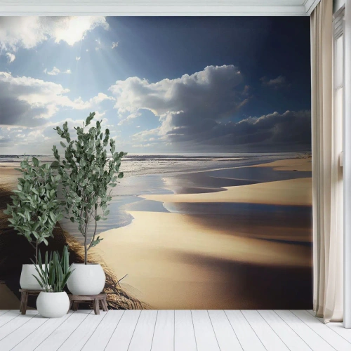 Fototapeta Premium Sand - Piaszczysta plaża z wydmami oświetlona promieniami słońca - 100x70cm - Plaża, dzika plaża - Nowoczesna dekoracja ścienna do salonu, kuchni i sypialni ARTTOR