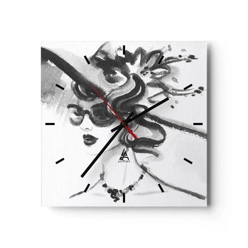 Zegar ścienny - Elegancka kobieta w kapeluszu w czarno-białym stylu - 30x30cm - Dama z charakterem - Nowoczesna dekoracja ścienna do salonu i sypialni ARTTOR