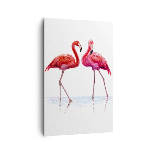 Obraz na płótnie - Para flamingów w wodzie na jasnym tle - 80x120cm - Różowe randez-vous - Nowoczesna dekoracja ścienna do salonu i sypialni ARTTOR