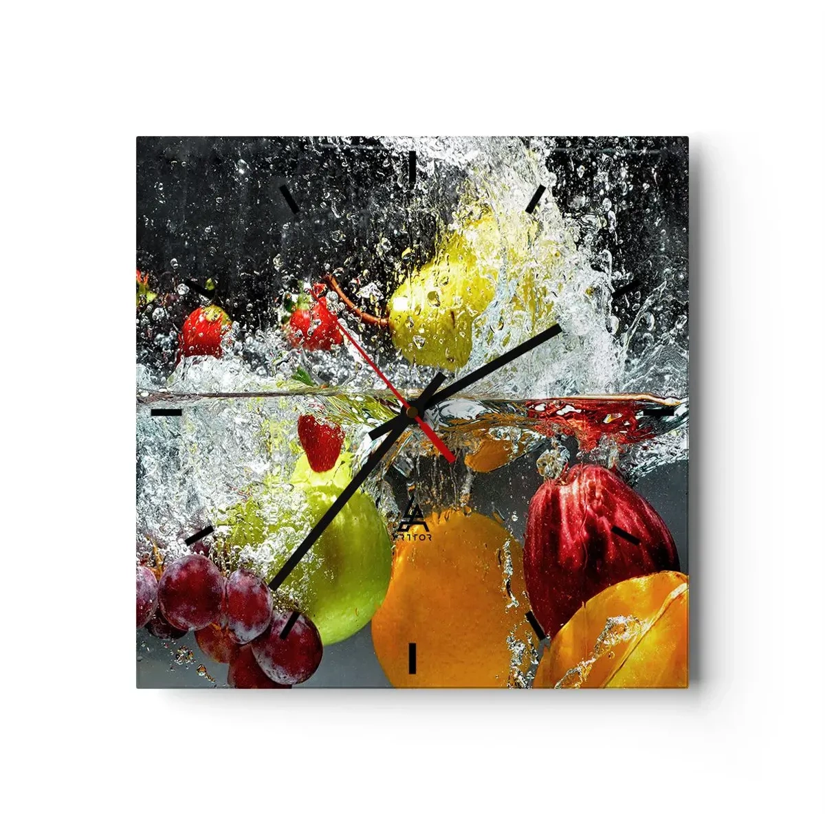 Zegar ścienny - Kolorowe owoce w wodzie podczas dynamicznego zanurzenia - 30x30cm - Owocowe orzeźwienie - Nowoczesna dekoracja ścienna do salonu i sypialni ARTTOR