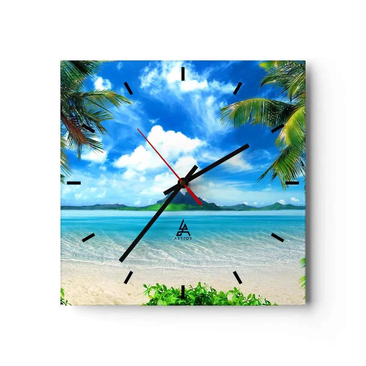 Zegar ścienny - Tropikalna plaża z palmami i widokiem na wyspę - 30x30cm - Lazur tropików - Nowoczesna dekoracja ścienna do salonu i sypialni ARTTOR