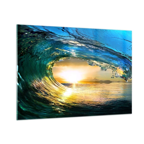 Obraz na szkle - Oceaniczna fala uchwycona w świetle zachodzącego słońca - 100x70cm - W szmaragdowo-złotym krysztale - Nowoczesna dekoracja ścienna do salonu, kuchni i sypialni ARTTOR