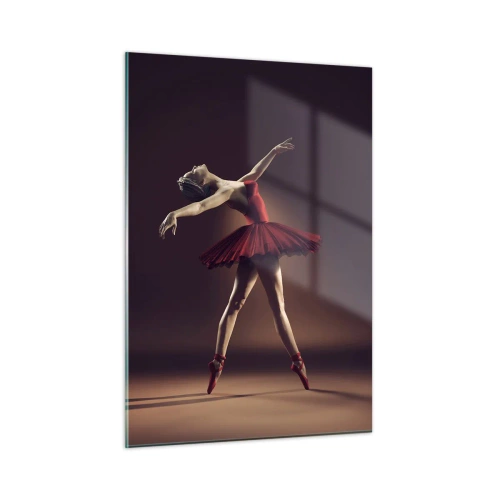 Obraz na szkle - Balerina w czerwonej sukience w dynamicznej pozie - 50x70cm - Prima ballerina - Nowoczesna dekoracja ścienna do salonu, kuchni i sypialni ARTTOR