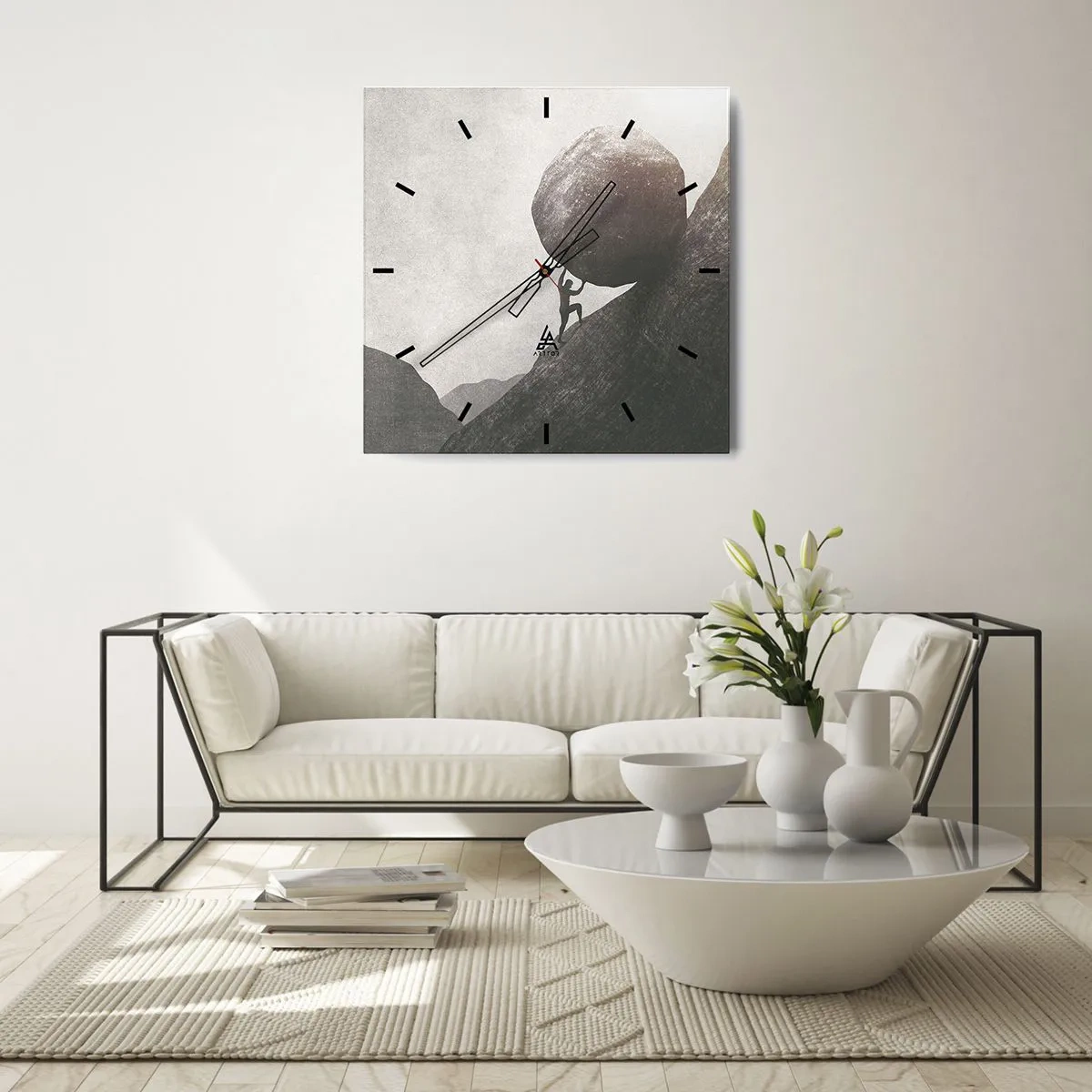 Zegar ścienny - Człowiek wspinający się z ogromnym głazem pod górę - 30x30cm - Wierzę wbrew nadziei - Nowoczesna dekoracja ścienna do salonu i sypialni ARTTOR