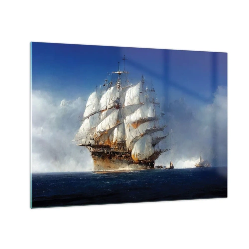 Obraz na szkle - Żaglowiec na pełnym morzu wśród morskiej mgły - 70x50cm - The great glory! - Nowoczesna dekoracja ścienna do salonu i sypialni ARTTOR