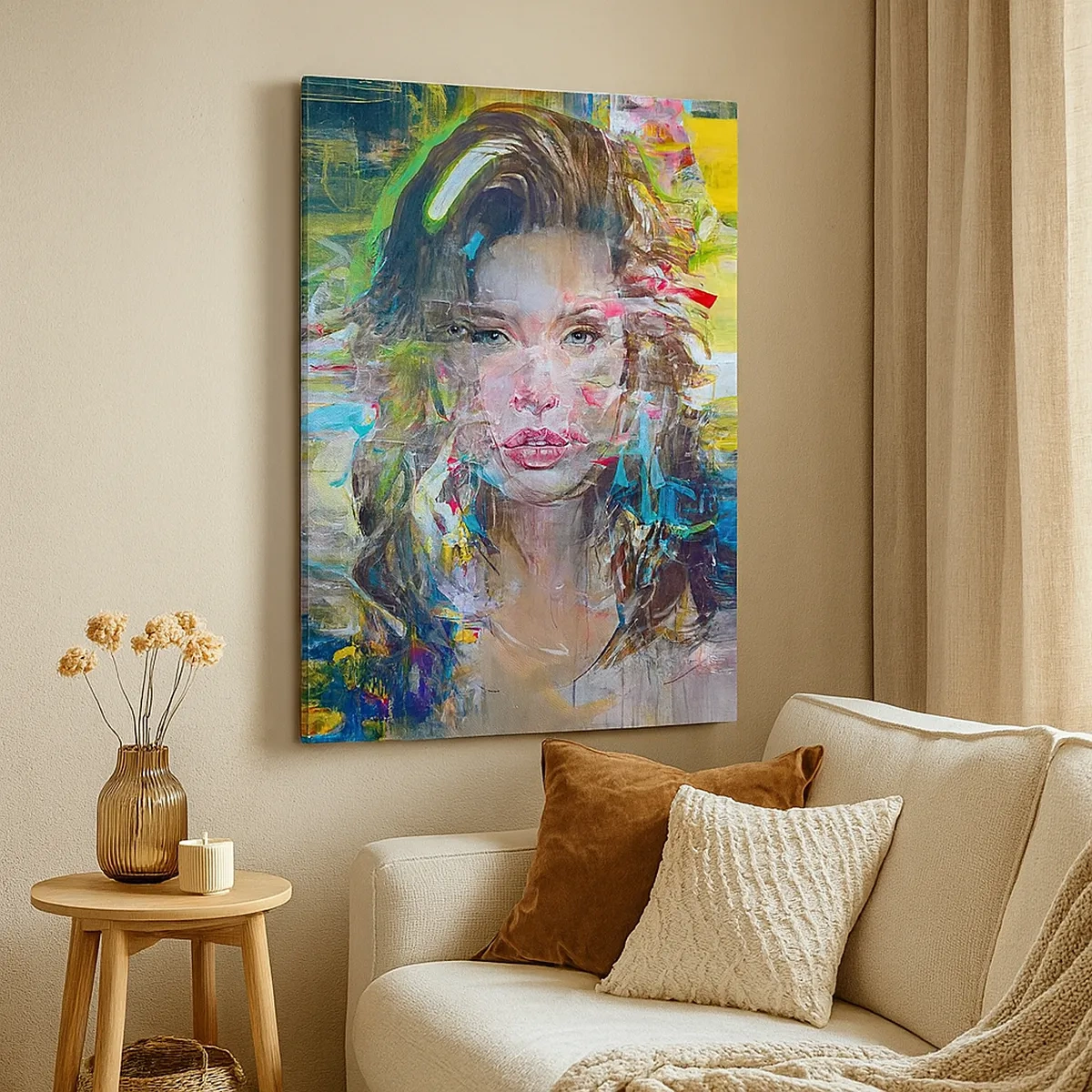 Obraz na płótnie - Portret kobiety w abstrakcyjnych, wielokolorowych tonacjach - 50x70cm - Za powietrza zasłoną - Nowoczesna dekoracja ścienna do salonu, kuchni i sypialni ARTTOR