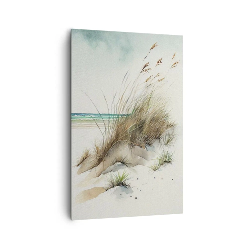 Obraz na płótnie - Akwarelowy pejzaż nadmorski z wydmami i trawami na tle spokojnego morza - 80x120cm - Otulone piaskiem - Nowoczesna dekoracja ścienna do salonu i sypialni ARTTOR
