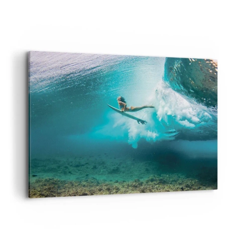 Obraz na płótnie - Surferka pod falą w błękitnej wodzie oceanu - 100x70cm - Podwodny świat - Nowoczesna dekoracja ścienna do salonu, kuchni i sypialni ARTTOR