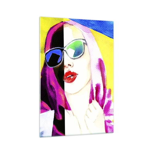 Obraz na szkle - Kolorowy portret kobiety w okularach przeciwsłonecznych - 70x100cm - Nie jestem biała i nie jestem czarna - Nowoczesna dekoracja ścienna do salonu i sypialni ARTTOR