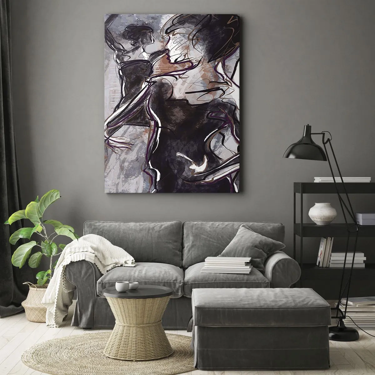 Obraz na płótnie - Abstrakcyjna scena jazzowa z saksofonistą i tańczącą kobietą - 80x120cm - Rozpłynąć się w muzyce - Nowoczesna dekoracja ścienna do salonu i sypialni ARTTOR