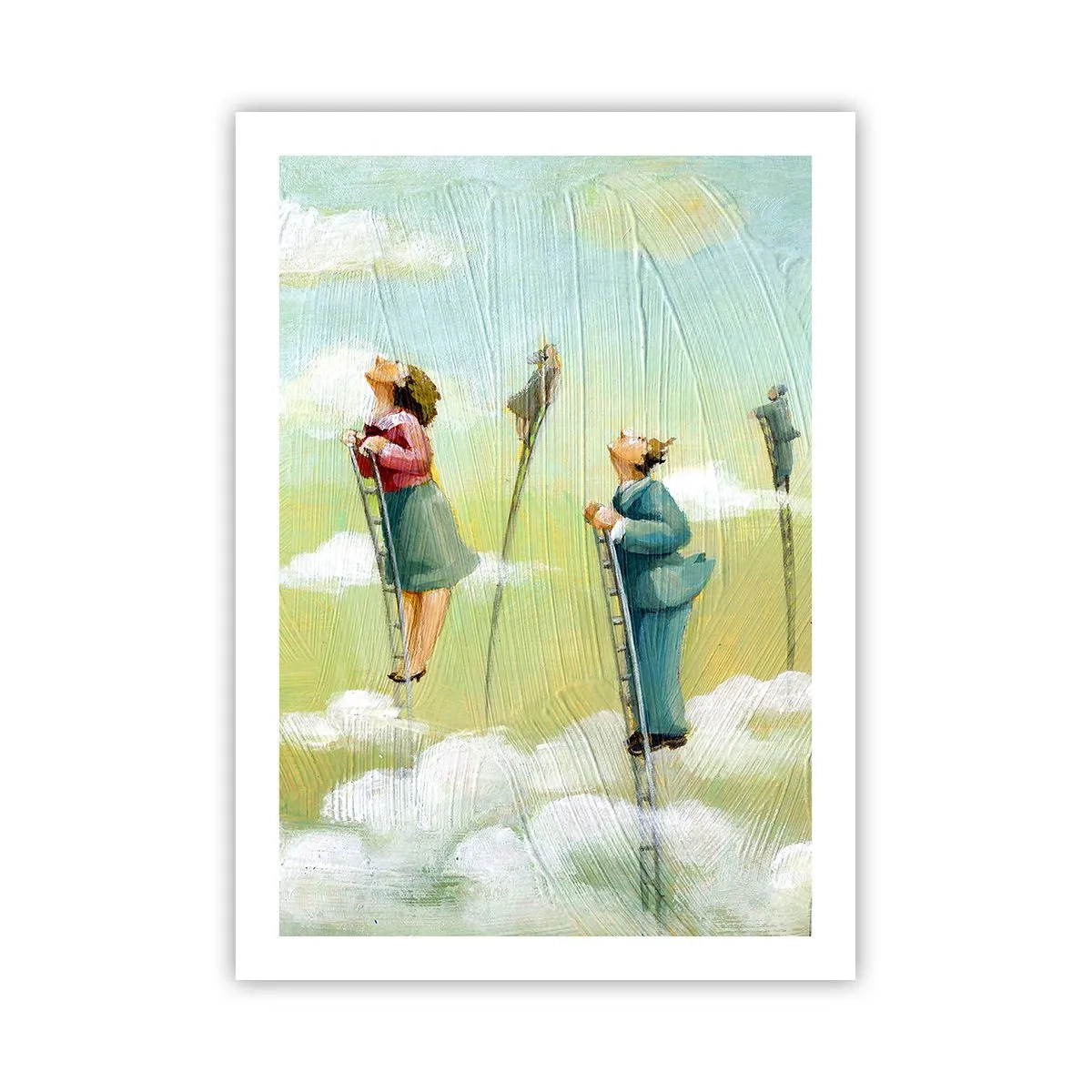 Plakat - Postacie wspinające się po drabinach w chmurach - 50x70cm - Za swoim marzeniem - Nowoczesna dekoracja ścienna do salonu, kuchni i sypialni ARTTOR