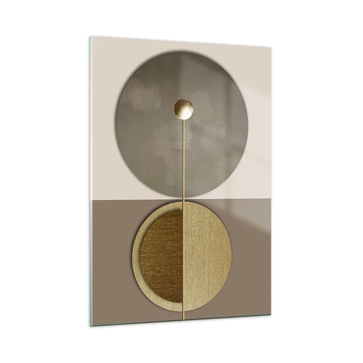 Obraz na szkle - Złote koła i linia w harmonijnej kompozycji - 50x70cm - Doskonała równowaga - Nowoczesna dekoracja ścienna do salonu, kuchni i sypialni ARTTOR