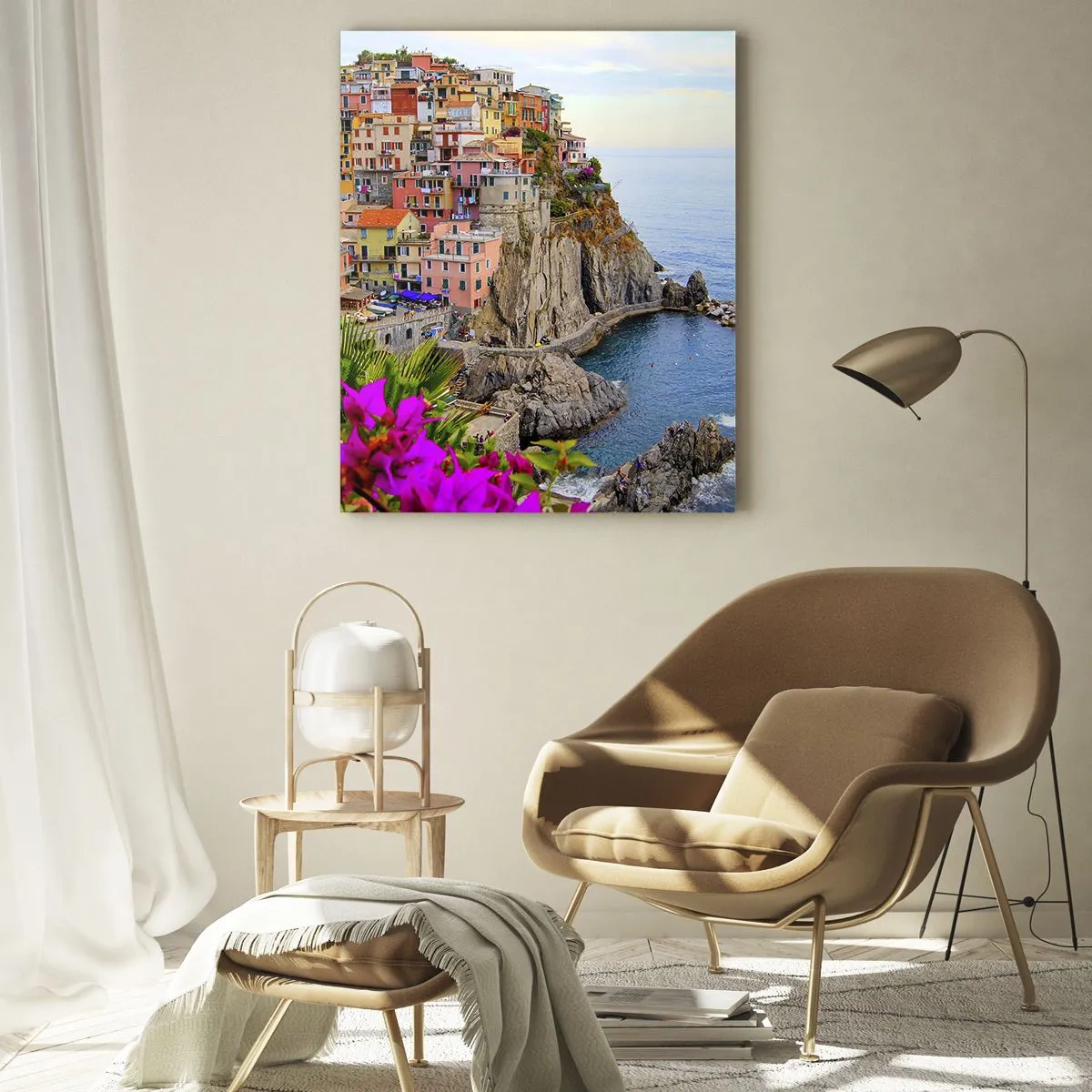 Obraz na szkle - Kolorowe domy na klifie z widokiem na morze - 50x70cm - Śmiejące się miasto - Nowoczesna dekoracja ścienna do salonu, kuchni i sypialni ARTTOR