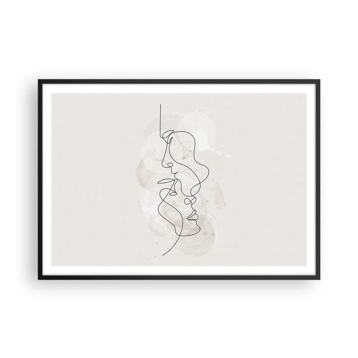Plakat w czarnej ramie - Abstrakcyjny kontur dwóch twarzy na jasnym tle - 100x70cm - Splątani w uścisku - Nowoczesna dekoracja ścienna do salonu i sypialni ARTTOR