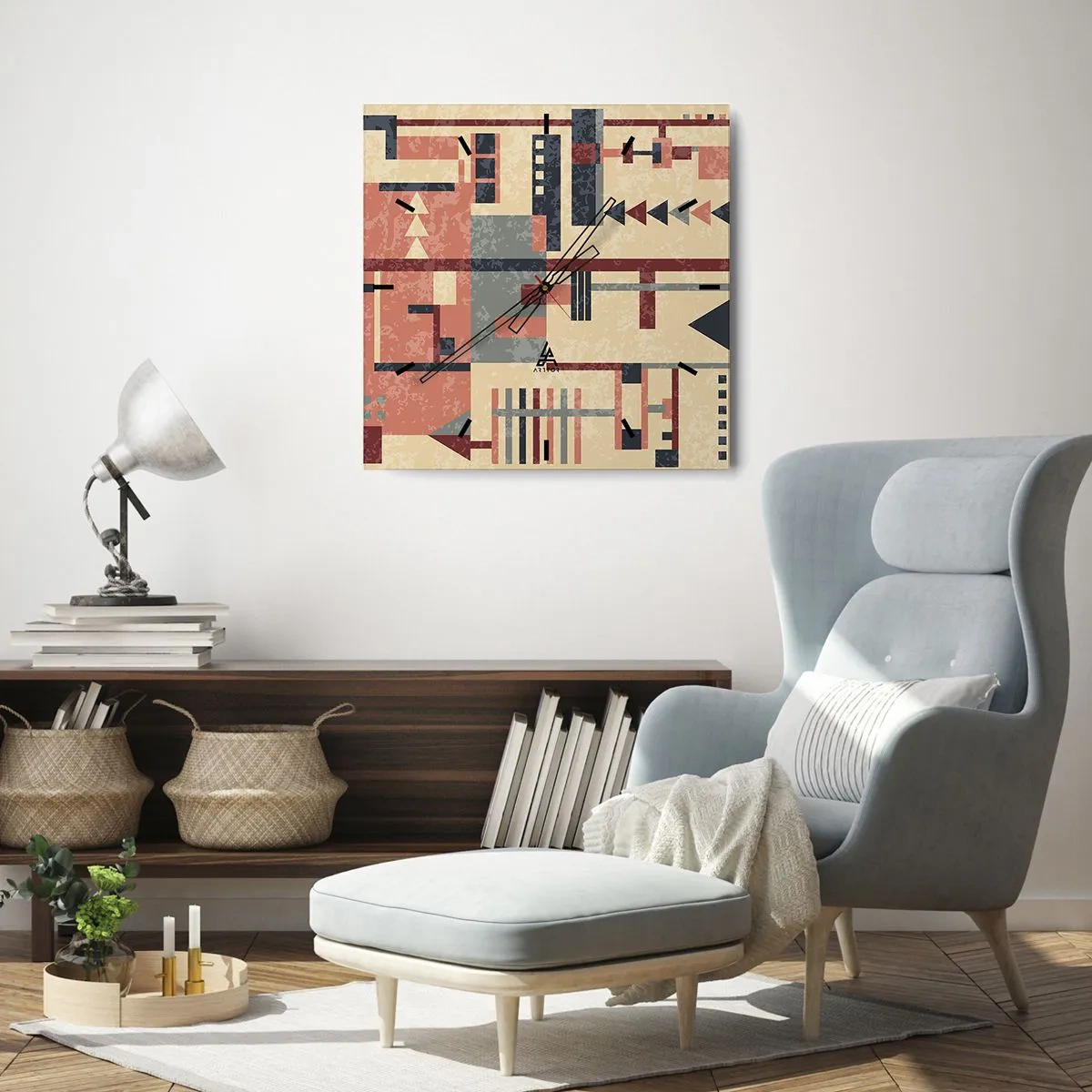 Zegar ścienny - Geometryczny wzór w pastelowych odcieniach beżu, czerwieni i szarości - 30x30cm - Kombinacja pionów i poziomów - Nowoczesna dekoracja ścienna do salonu i sypialni ARTTOR