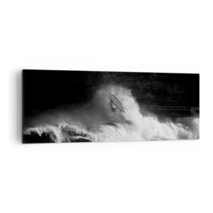 Obraz na płótnie - Surfer na fali w monochromatycznym ujęciu - 140x50cm - Wyzwanie przyjęte! - Nowoczesna dekoracja ścienna do salonu i sypialni ARTTOR