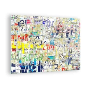 Obraz na szkle - Abstrakcyjna kompozycja z mieszanką kolorów i napisów - 70x50cm - Po prostu cieszy oczy - Nowoczesna dekoracja ścienna do salonu i sypialni ARTTOR
