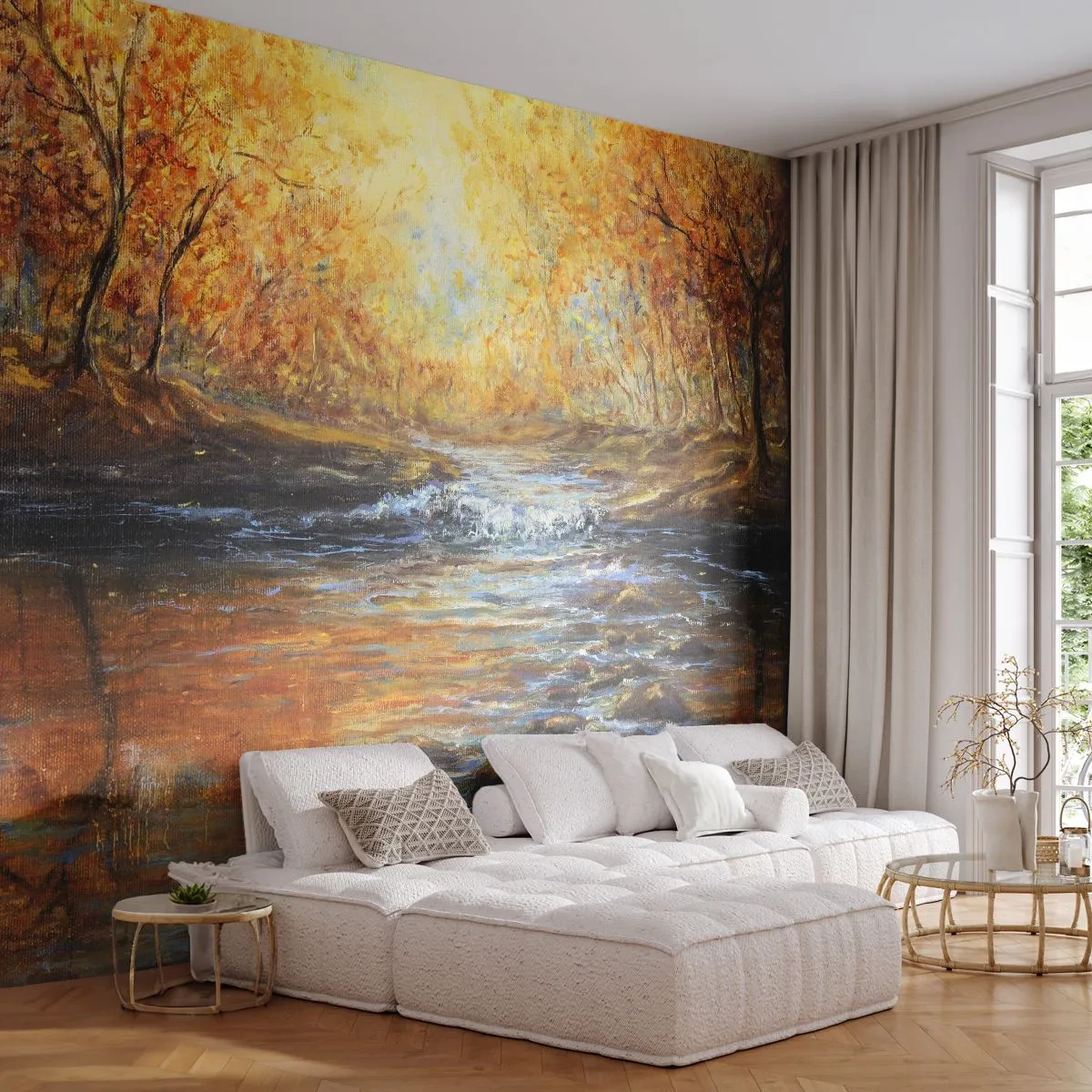 Fototapeta Premium Sand - Jesienny krajobraz z rzeką i złotymi drzewami - 100x70cm - Złoty potok - Nowoczesna dekoracja ścienna do salonu, kuchni i sypialni ARTTOR