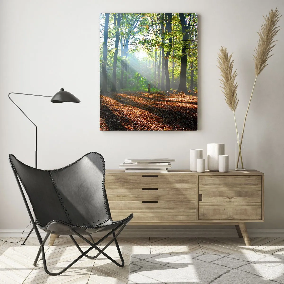Obraz na szkle - Las w promieniach słońca w jesiennej scenerii - 50x70cm - Blaski i cienie - Nowoczesna dekoracja ścienna do salonu, kuchni i sypialni ARTTOR