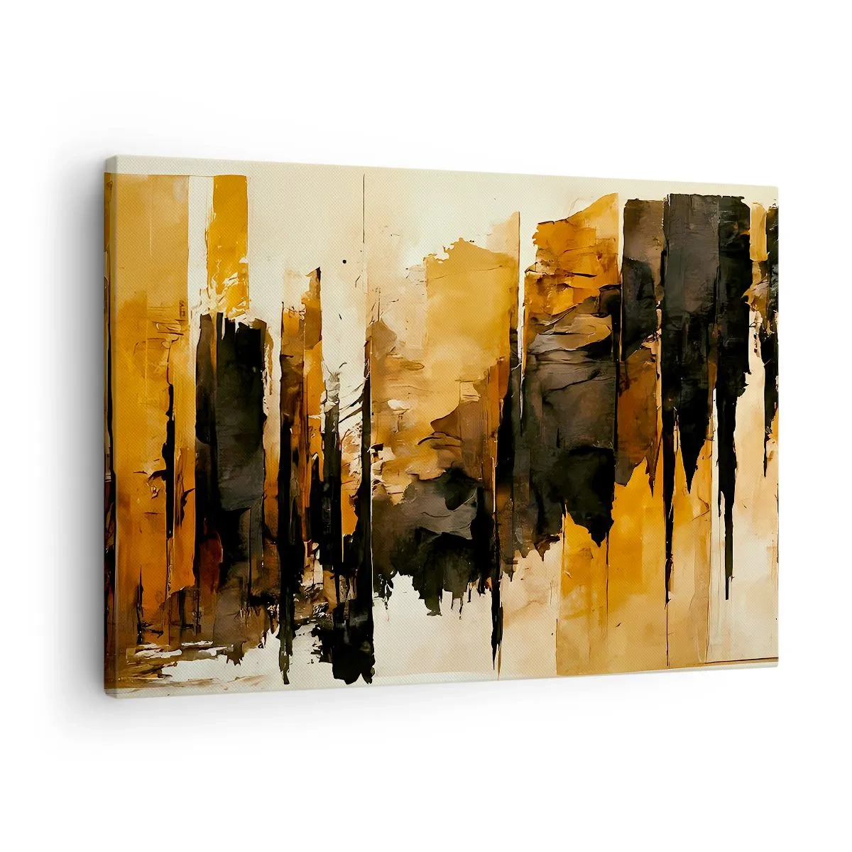 Obraz na płótnie - Abstrakcyjne złote i czarne pasy w artystycznej kompozycji - 70x50cm - Harmonia czerni i złota - Nowoczesna dekoracja ścienna do salonu i sypialni ARTTOR