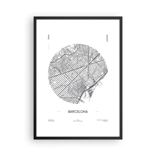 Plakat w czarnej ramie - Minimalistyczna mapa Barcelony w czarno-białej tonacji - 50x70cm - Anatomia Barcelony - Nowoczesna dekoracja ścienna do salonu i sypialni ARTTOR