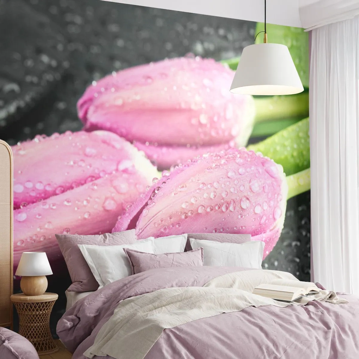 Fototapeta Standard Eco - Liliowa trójka na czarnym kamieniu - Kwiaty, Tulipany, Bukiet Kwiatów - 150x105 cm