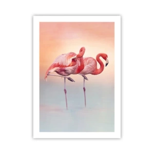 Plakat - Flamingi na tle pastelowego zachodu słońca - 50x70cm - W kolorze zachodzącego słońca - Nowoczesna dekoracja ścienna do salonu, kuchni i sypialni ARTTOR