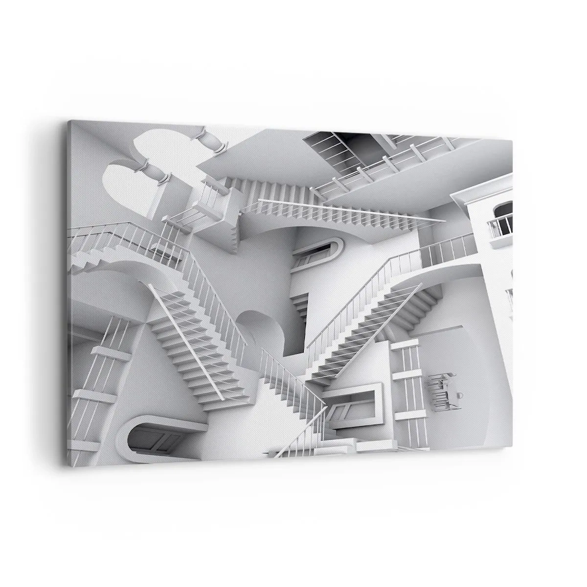 Obraz na płótnie - Abstrakcyjna kompozycja schodów w surrealistycznym układzie przestrzeni - 120x80cm - Paradoksy przestrzeni - Nowoczesna dekoracja ścienna do salonu, kuchni i sypialni ARTTOR